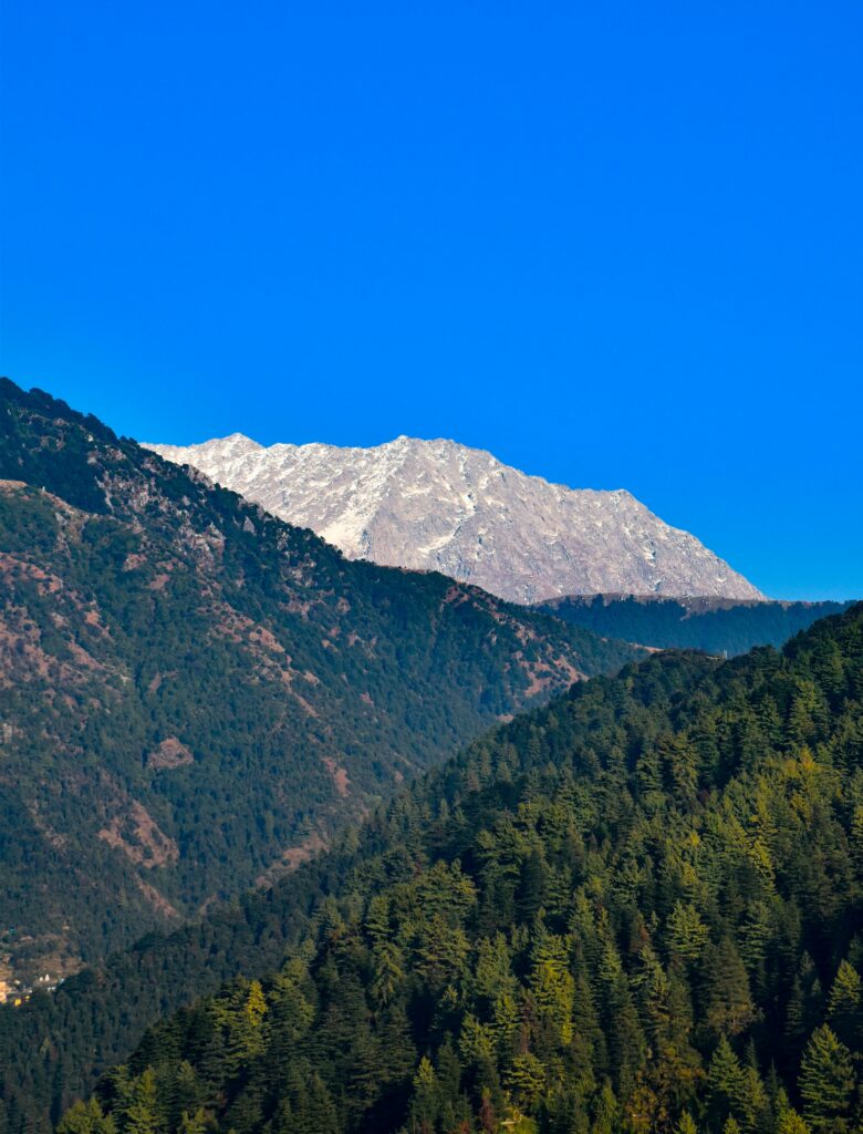 Beautiful daytime view of McLeod Ganj and rocky Dhauladhar mountain peaks in Himachal Pradesh