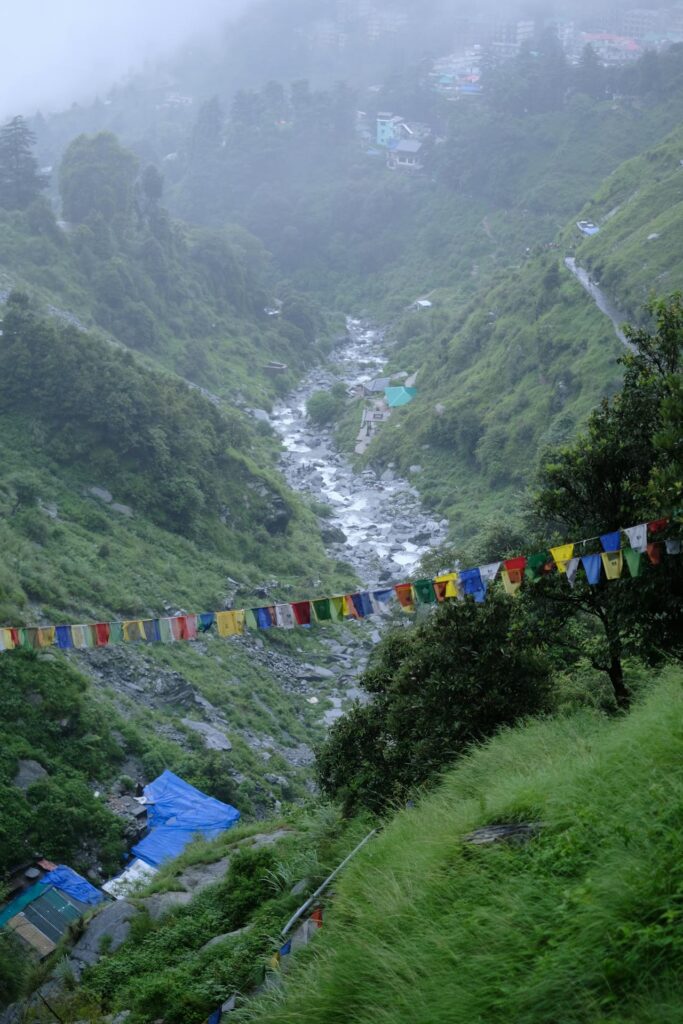 Crystal-clear waterfall stream flowing down the lush green mountains of McLeod Ganj, viewed from a scenic mountain top near Dharamshala, surrounded by pine forests and Himalayan landscapes, showcasing nature tourism and taxi travel experiences by Visit Taxi across Amritsar, Chandigarh, Ludhiana, New Delhi, and Jalandhar.