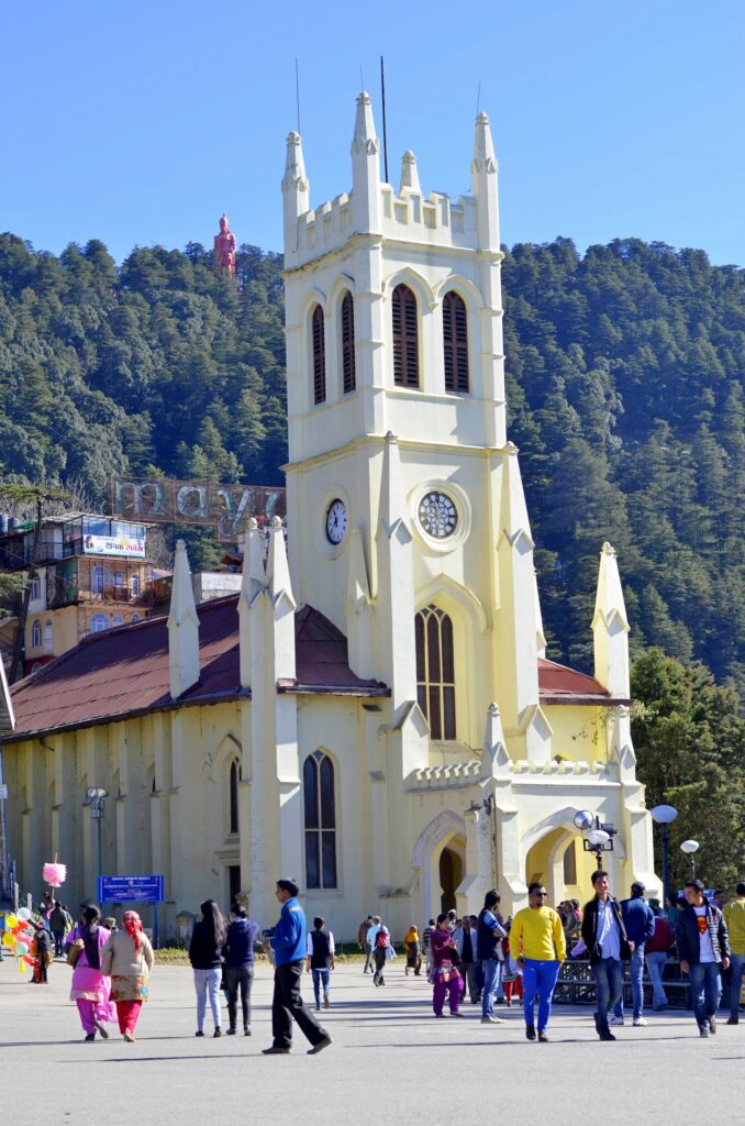 The Ridge Shimla with scenic mountain views and tourists walking near Christ Church
