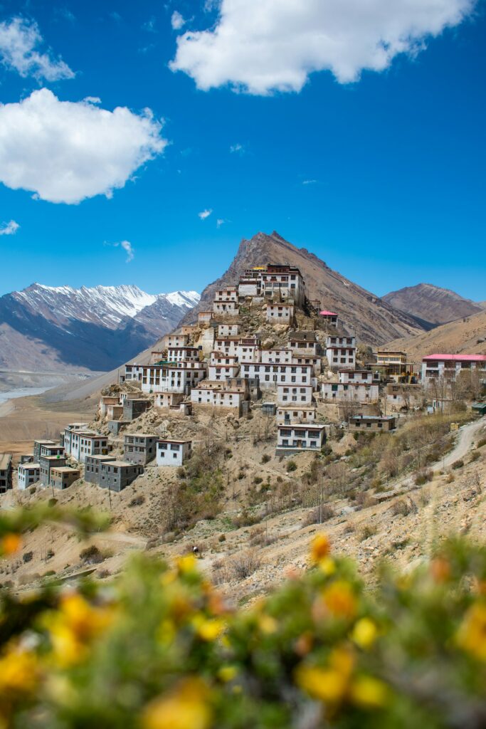 Traditional houses perched on the mountains in Spiti Valley with scenic Himalayan views
