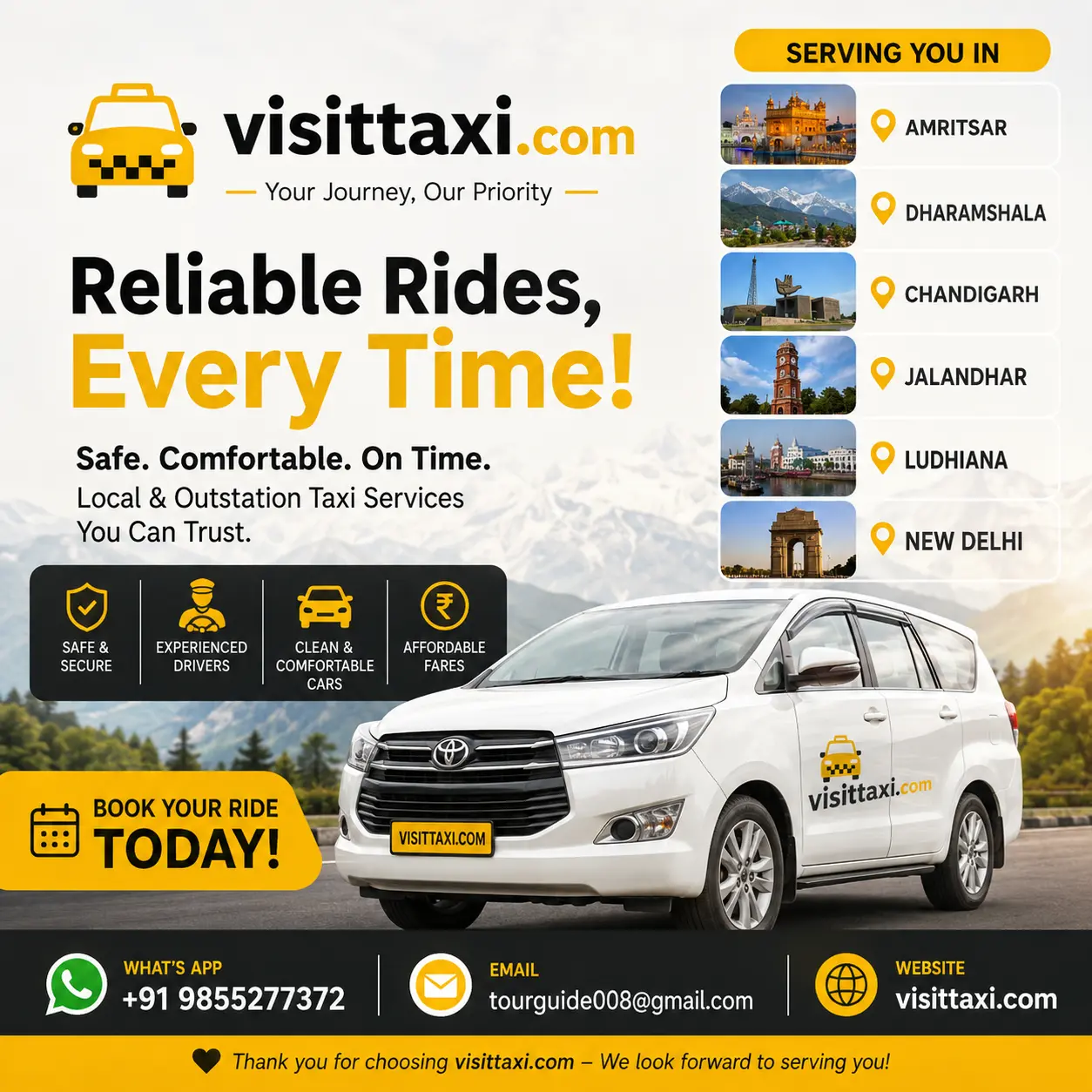 Visit Taxi flyer showcasing taxi services in Amritsar, Dharamshala, Chandigarh, Delhi, Ludhiana, Jalandhar and airport transfers