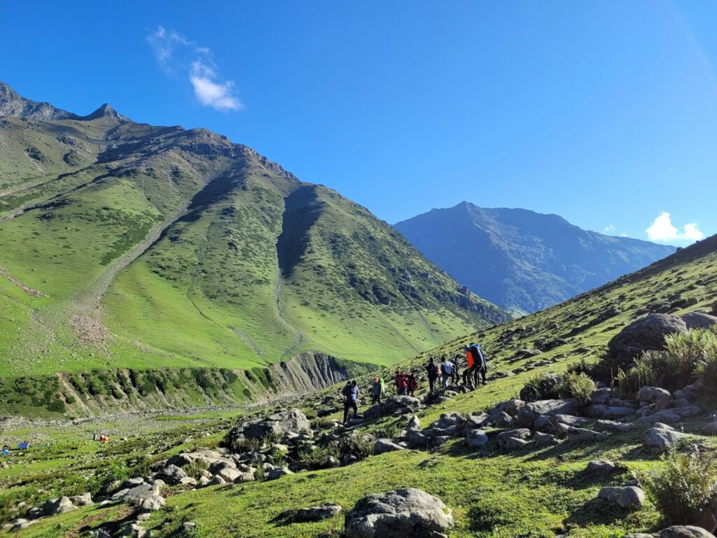 A sweeping view of the high-altitude Dhauladhar mountains on the Triund trek, carpeted in lush green grass. The peaks rise above the tree line, showing a completely treeless alpine meadow landscape.