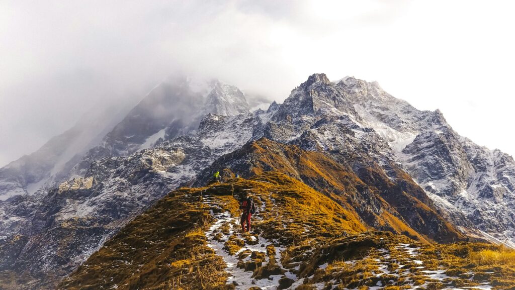 Majestic snow-covered peaks of the Dhauladhar mountain